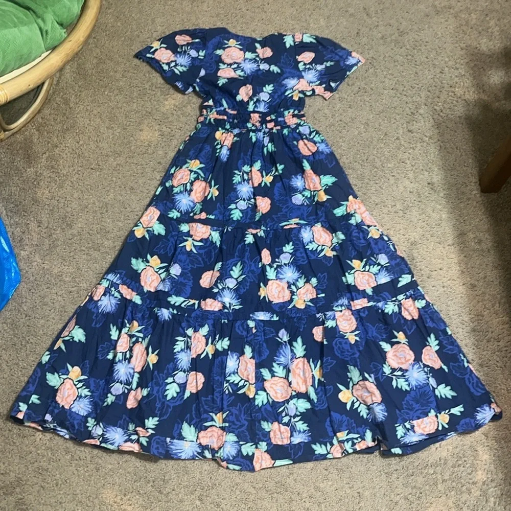 Anthropologie Maeve Somerset Maxi Dress Short Sleeve Tier A-Line Navy Floral XS‎